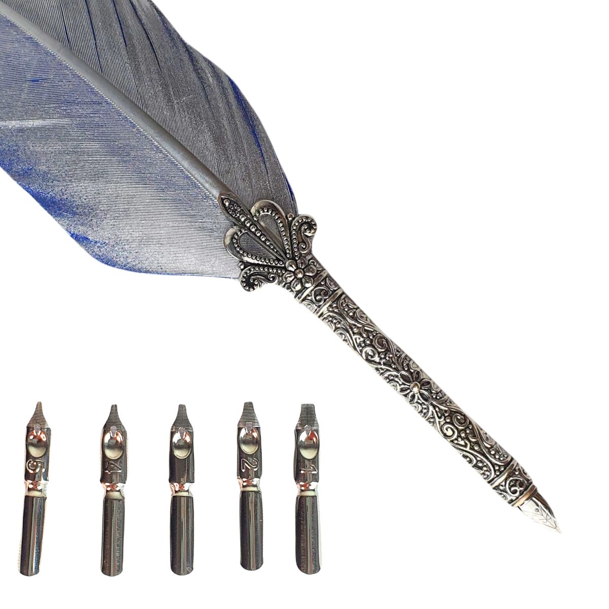 Caneta Tinteiro Simples Pena Prateada e Azul Caneta Tinteiro Simples Pena Prateada e Azul